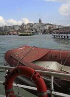 Istanbul, Turkey - 8 April 2018 - View over the Bosporus onto Galata Tower from a ferry boat in Istanbul, Turkey photo