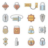 Lock door types icons set, cartoon style vector