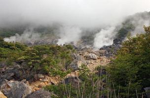 Smoke coming up from a volcanic hill in Hakone, Japan photo