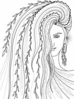 magical forest fairy, elven princess with long hair in foliage and flowers coloring book vector