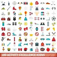 100 conjunto de iconos de excelencia de actividad, estilo plano vector