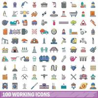 100 working icons set, cartoon style vector
