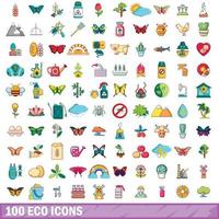 100 iconos ecológicos, estilo de dibujos animados vector