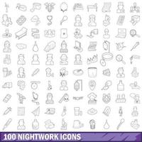 100 iconos de trabajo nocturno, estilo de contorno vector