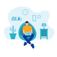 man working with laptop sitting on beanbag,flat design illustration, isolated on white background, graphic resources suitable for illustration, poster, and social media needs. vector