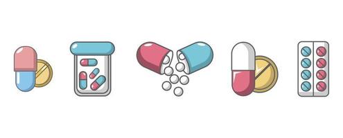 Pills icon set, cartoon style vector