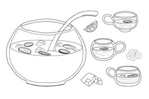 Punch bowl with ladle, cups, ice and lemon slices vector