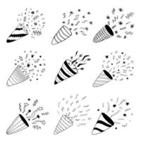 conjunto de varios poppers de fiesta dibujados a mano. negro aislado sobre elementos blancos para el diseño vector