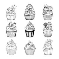 Set of hand drawn capcakes with cream, sprinkles, berries and cinnamon stick. Isolated black on white elements for design vector