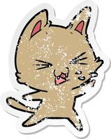 distressed sticker of a cartoon cat hissing vector