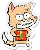 distressed sticker of a cartoon grinning fox with present vector