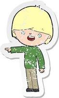 retro distressed sticker of a cartoon man pointing vector