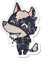 distressed sticker of a cartoon hungry wolf vector