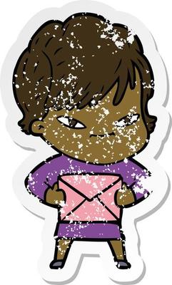 distressed sticker of a cartoon happy woman