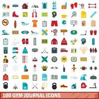 100 gym journal icons set, flat style vector