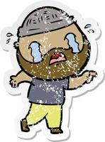 distressed sticker of a cartoon bearded man crying vector