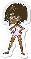 retro distressed sticker of a cartoon angry woman in dress vector