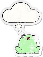 cartoon frog and thought bubble as a distressed worn sticker vector