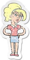 retro distressed sticker of a cartoon woman with hands on hips vector