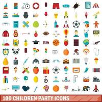 100 iconos de fiesta infantil, estilo plano vector