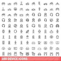 100 device icons set, outline style vector