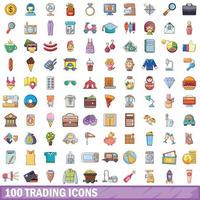 100 trading icons set, cartoon style vector