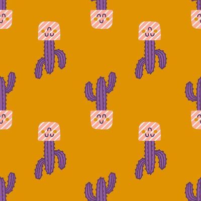 Hand drawn cute succulent cactus house plants in pots, vector seamless pattern for fabric, wallpapers