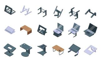 Laptop stand icons set isometric vector. Compute work vector