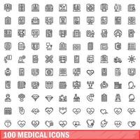 100 medical icons set, outline style vector