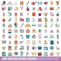 100 house work icons set, cartoon style vector