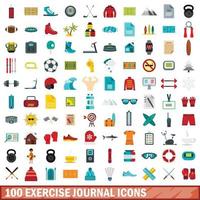 100 exercise journal icons set, flat style vector