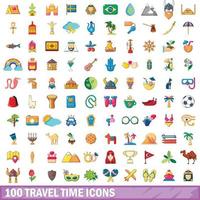 100 travel time icons set, cartoon style vector