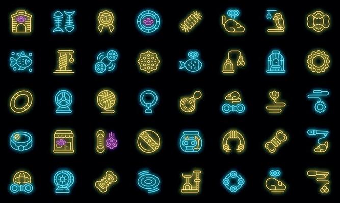 Pet toys icons set outline vector. Cat dog vector neon