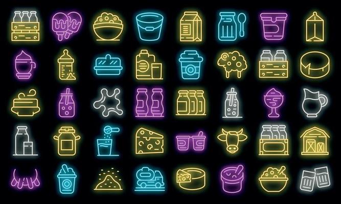 Dairy icons set vector neon