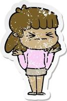 distressed sticker of a cartoon angry girl vector