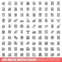 100 mass media icons set, outline style vector