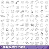 100 iconos de desastres establecidos, estilo de esquema vector