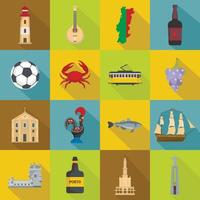 Portugal travel icons set, flat style vector