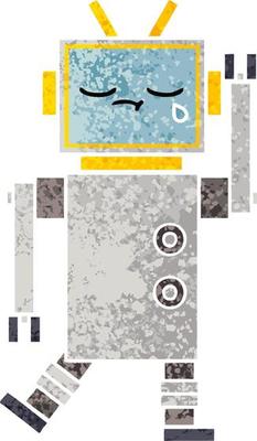 retro illustration style cartoon crying robot