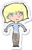 retro distressed sticker of a cartoon woman shrugging vector