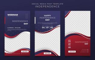 Set of social media post template with waving blue red shape for independence day design vector