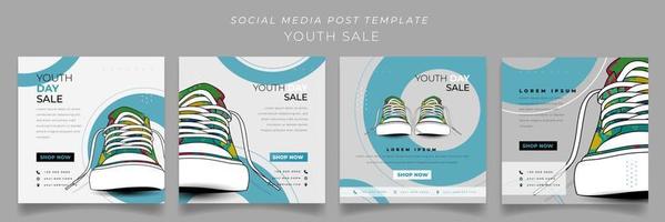 Set of social media post template in blue and white square background with sneaker design vector