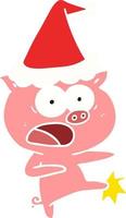 flat color illustration of a pig shouting and kicking wearing santa hat vector