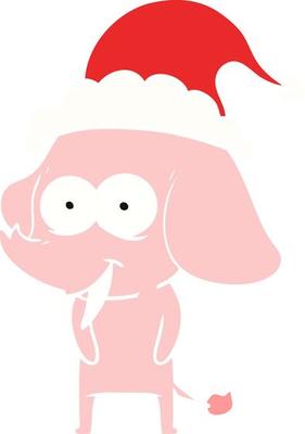 happy flat color illustration of a elephant wearing santa hat