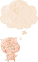 cartoon pig and thought bubble in retro textured style vector