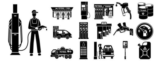 conjunto de iconos de gasolinera, estilo simple vector