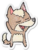 distressed sticker of a cartoon wolf laughing vector