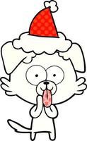 comic book style illustration of a dog with tongue sticking out wearing santa hat vector