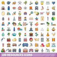 100 recursos, conjunto de iconos de estilo de dibujos animados vector