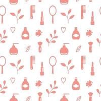 Seamless texture from cosmetics icons and floral elements, pattern, abstract background, wallpaper vector